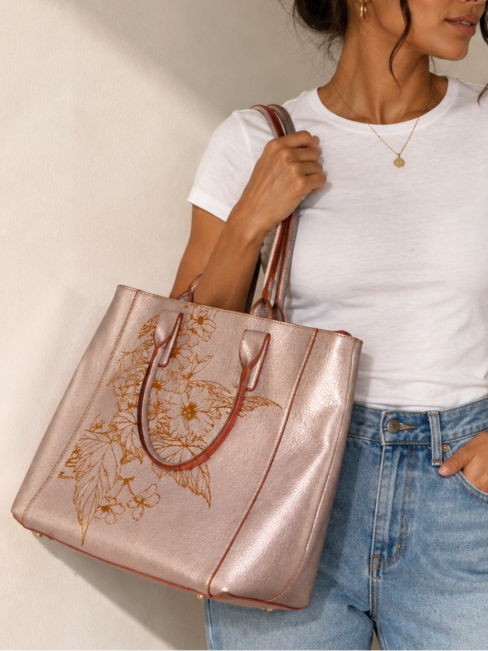 Purple Pink Metallic Embossed Leather Tote Bag